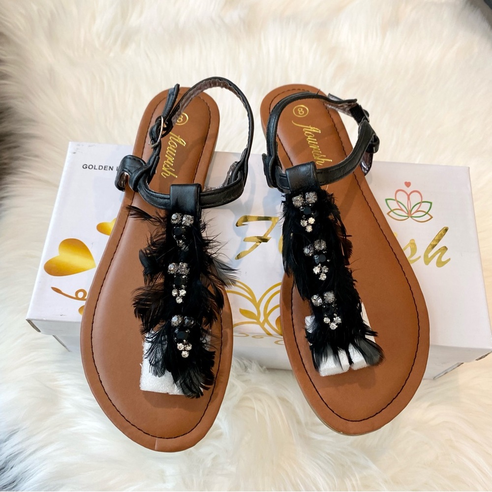 Women’s Black Flourish Peacock Feather and Rhinestone Thong Sandal - Size 8